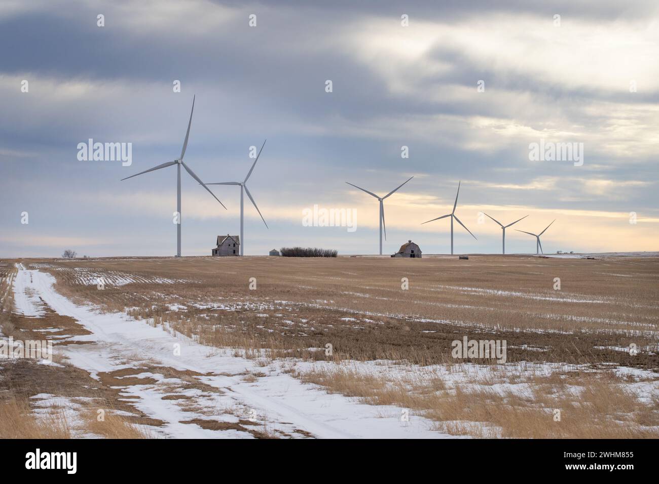 Alte und neue Landwirtschaft - verlassenes Bauernhaus und ein Windpark, Assiniboia, Saskatchewan, Kanada Stockfoto