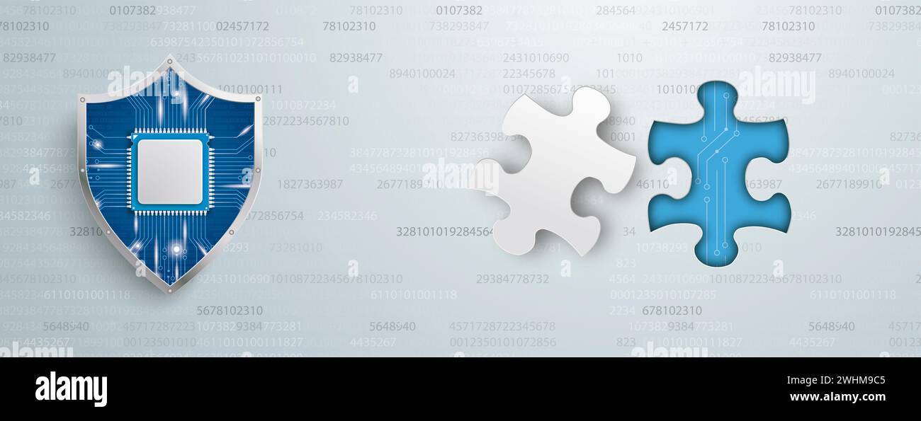 Puzzleloch mit Puzzle und Schutzschild auf grauem Hintergrund. EPS 10-Vektordatei. Stockfoto