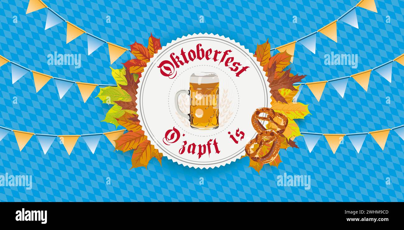 Deutscher Text O zapft is und Oktoberfest, übersetzt sein gezapftes Oktoberfest. EPS 10-Vektordatei. Stockfoto