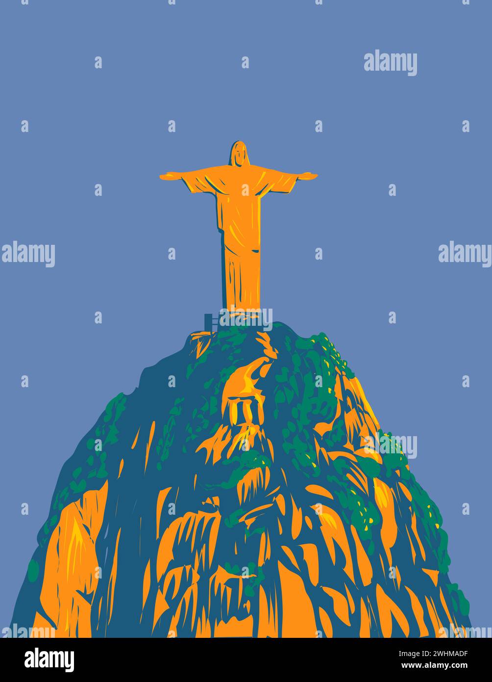 Christus der Erlöser auf dem Corcovado-Berg Rio de Janeiro Brasilien WPA Art déco-Poster Stockfoto