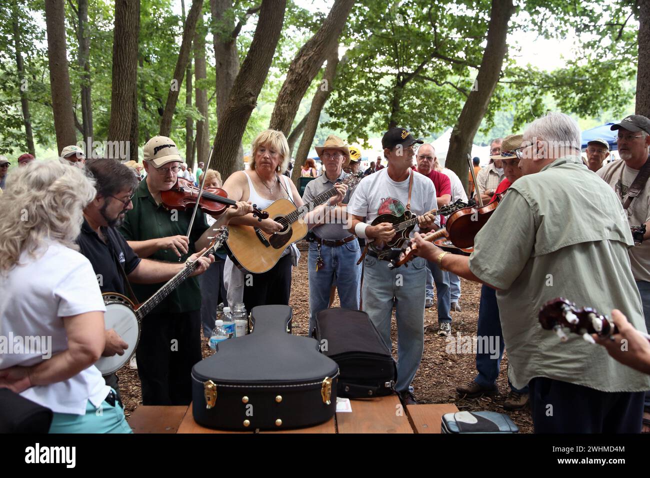 Musiker jammen in fließenden Gruppen unter Bäumen beim Old Fiddlers Picknick Stockfoto