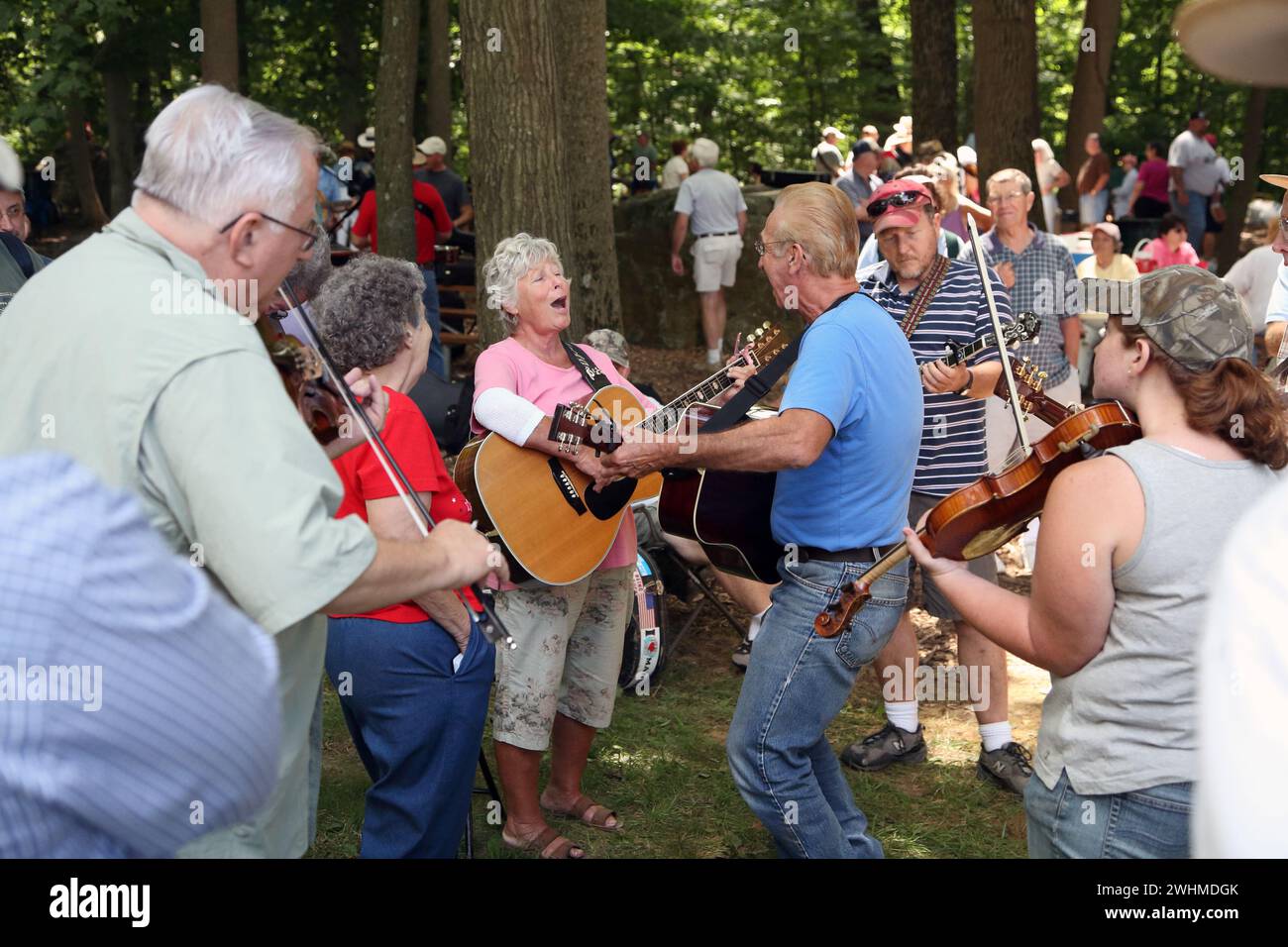 Musiker jammen in fließenden Gruppen unter Bäumen beim Old Fiddlers Picknick Stockfoto
