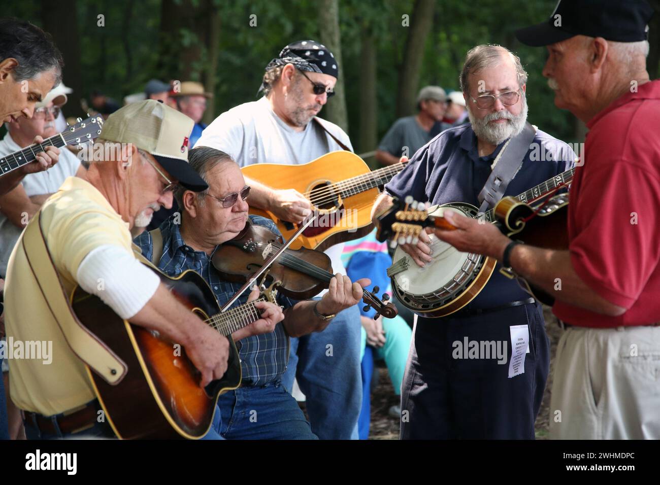 Musiker jammen in fließenden Gruppen unter Bäumen beim Old Fiddlers Picknick Stockfoto