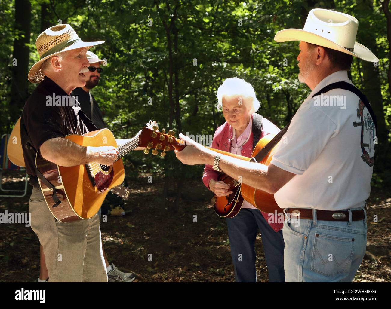 Musiker jammen in fließenden Gruppen unter Bäumen beim Old Fiddlers Picknick Stockfoto