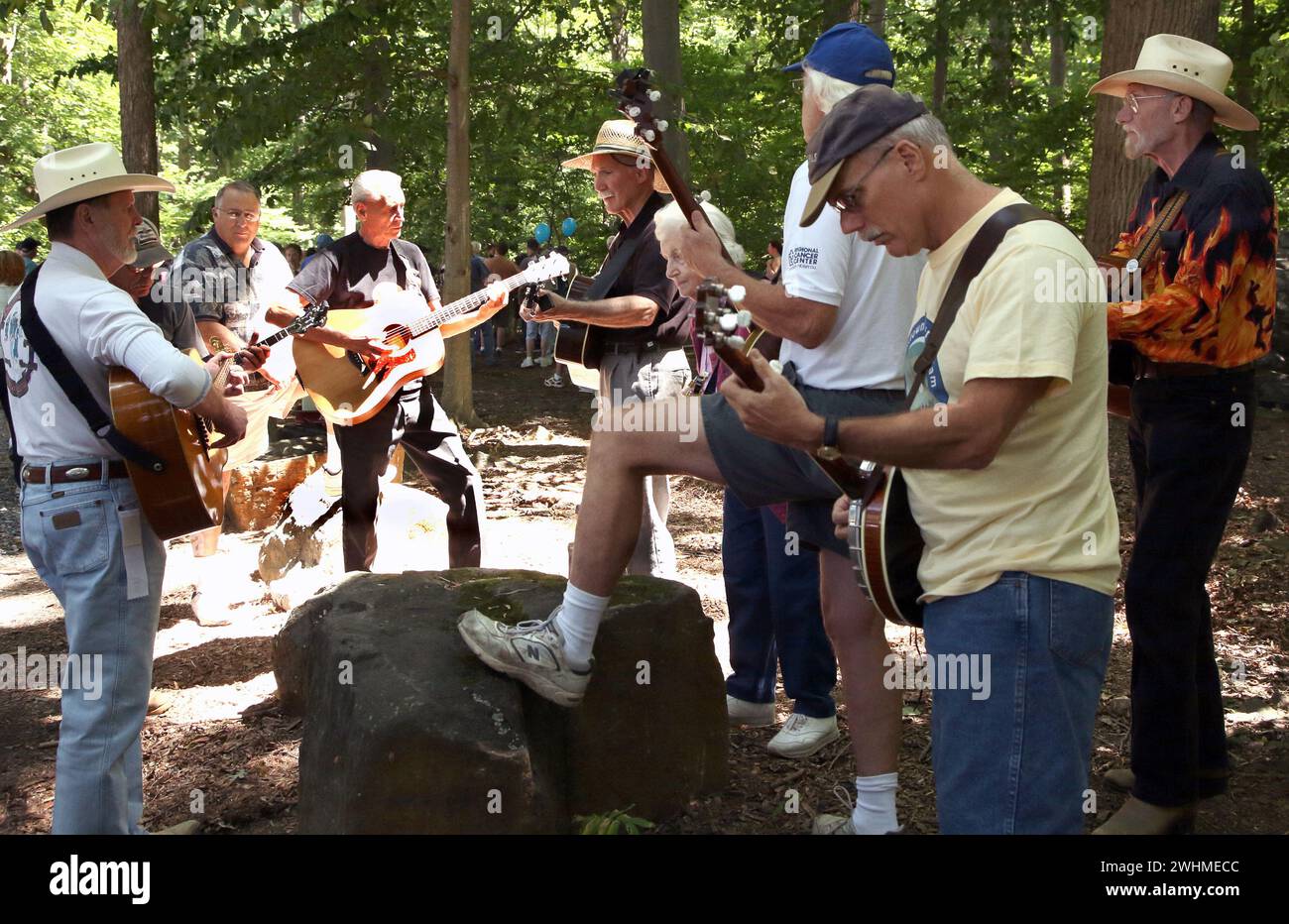 Musiker jammen in fließenden Gruppen unter Bäumen beim Old Fiddlers Picknick Stockfoto