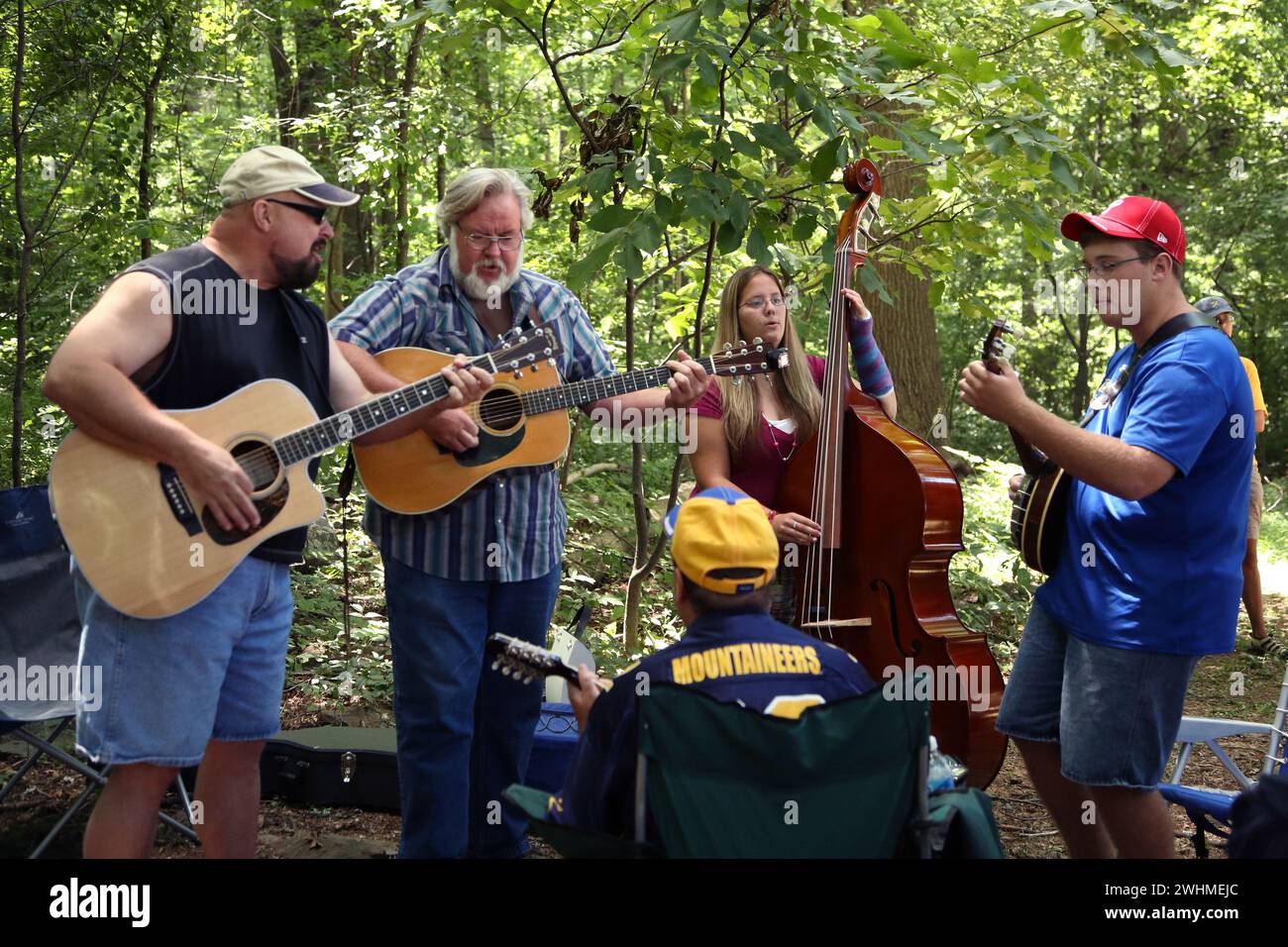 Musiker jammen in fließenden Gruppen unter Bäumen beim Old Fiddlers Picknick Stockfoto
