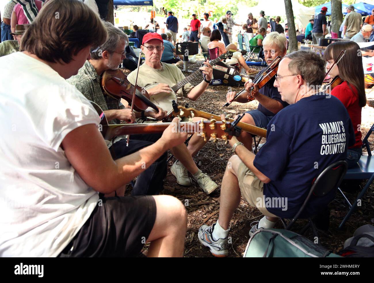 Musiker jammen in fließenden Gruppen unter Bäumen beim Old Fiddlers Picknick Stockfoto