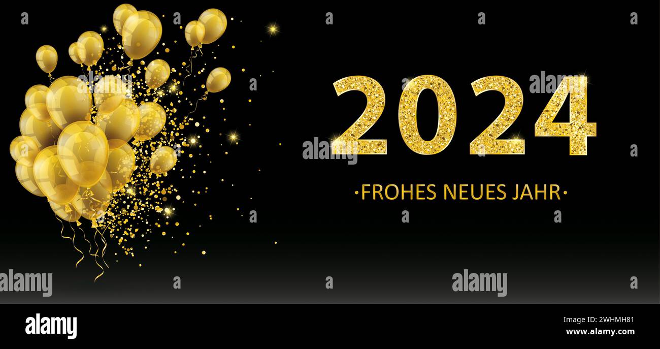 Deutscher Text Frohes Neues Jahr 2024, Übersetzung Happy New Year 2024. EPS 10-Vektordatei. Stockfoto