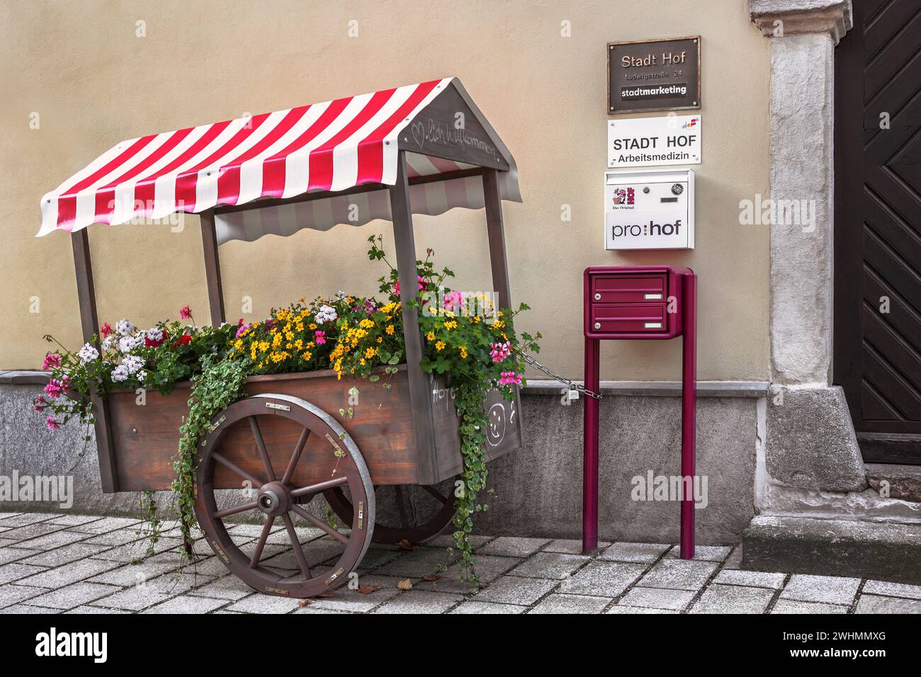 Trolley mit Blumen Stockfoto