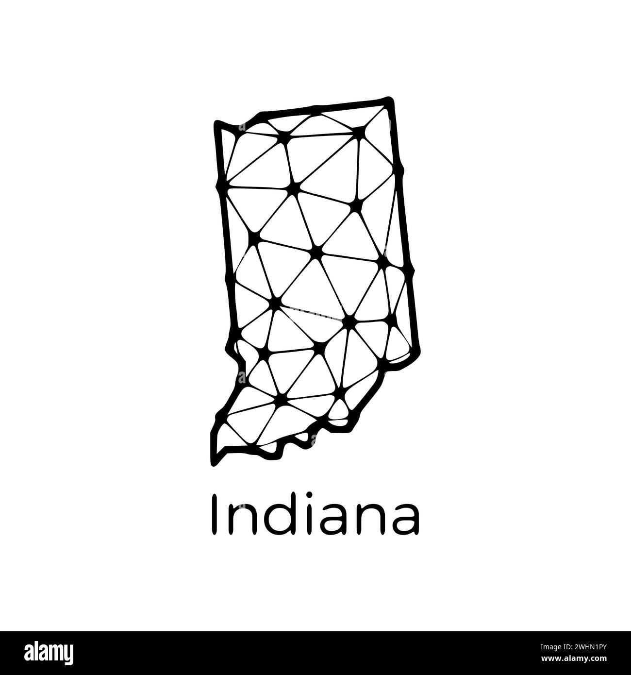 Indiana State Map polygonale Darstellung aus Linien und Punkten, isoliert auf weißem Hintergrund. US-Bundesstaat mit niedrigem Poly-Design Stockfoto