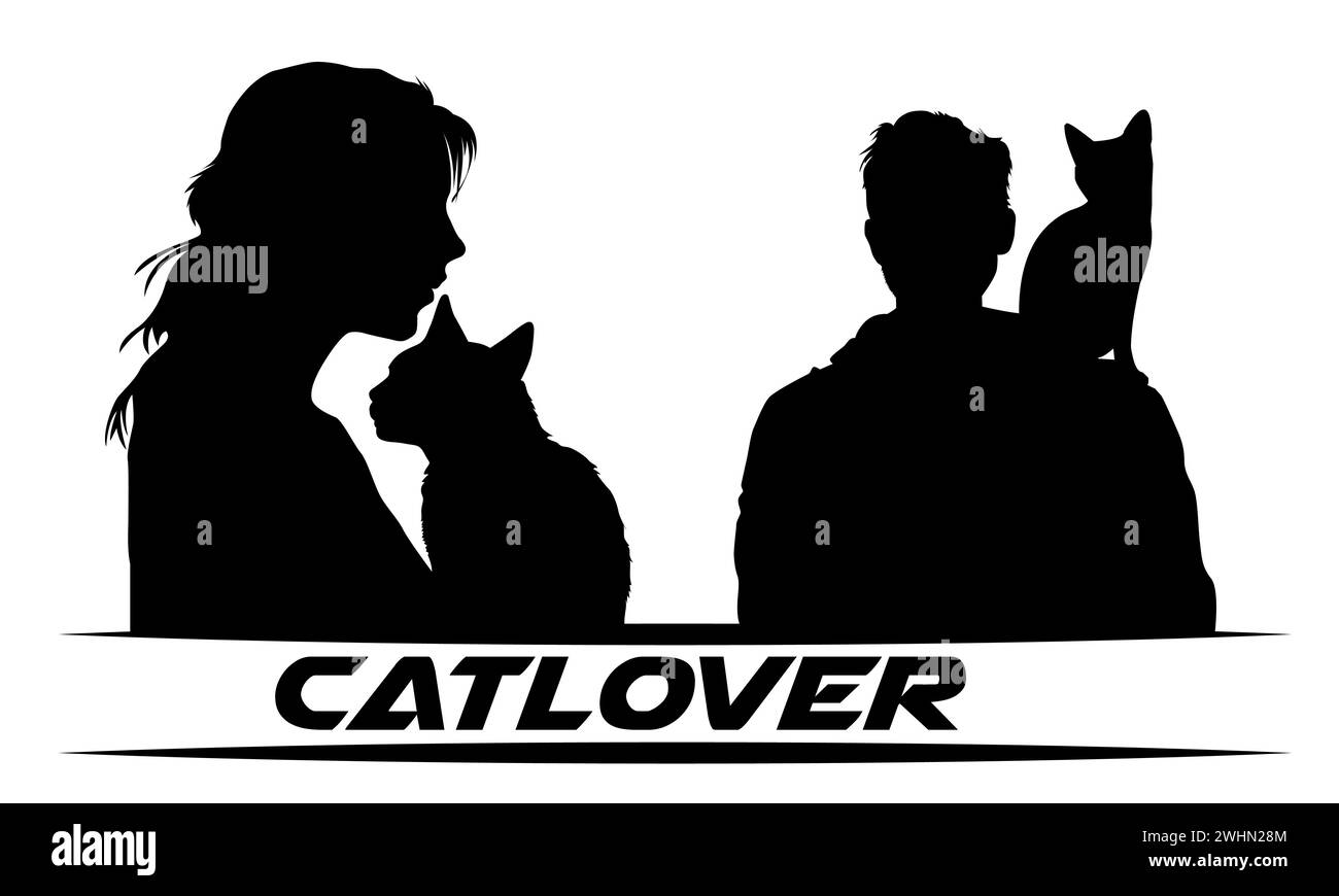 Mann und Katze Vektor Silhouette, Mädchen umarmt Katze, Katze sitzt auf dem Nacken des Jungen Stock Vektor