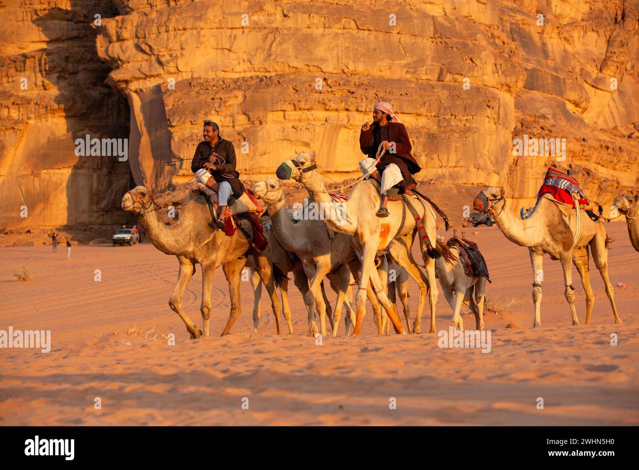Kamelkarawane in der Wadi Rum Wüste, Jordanien Stockfoto