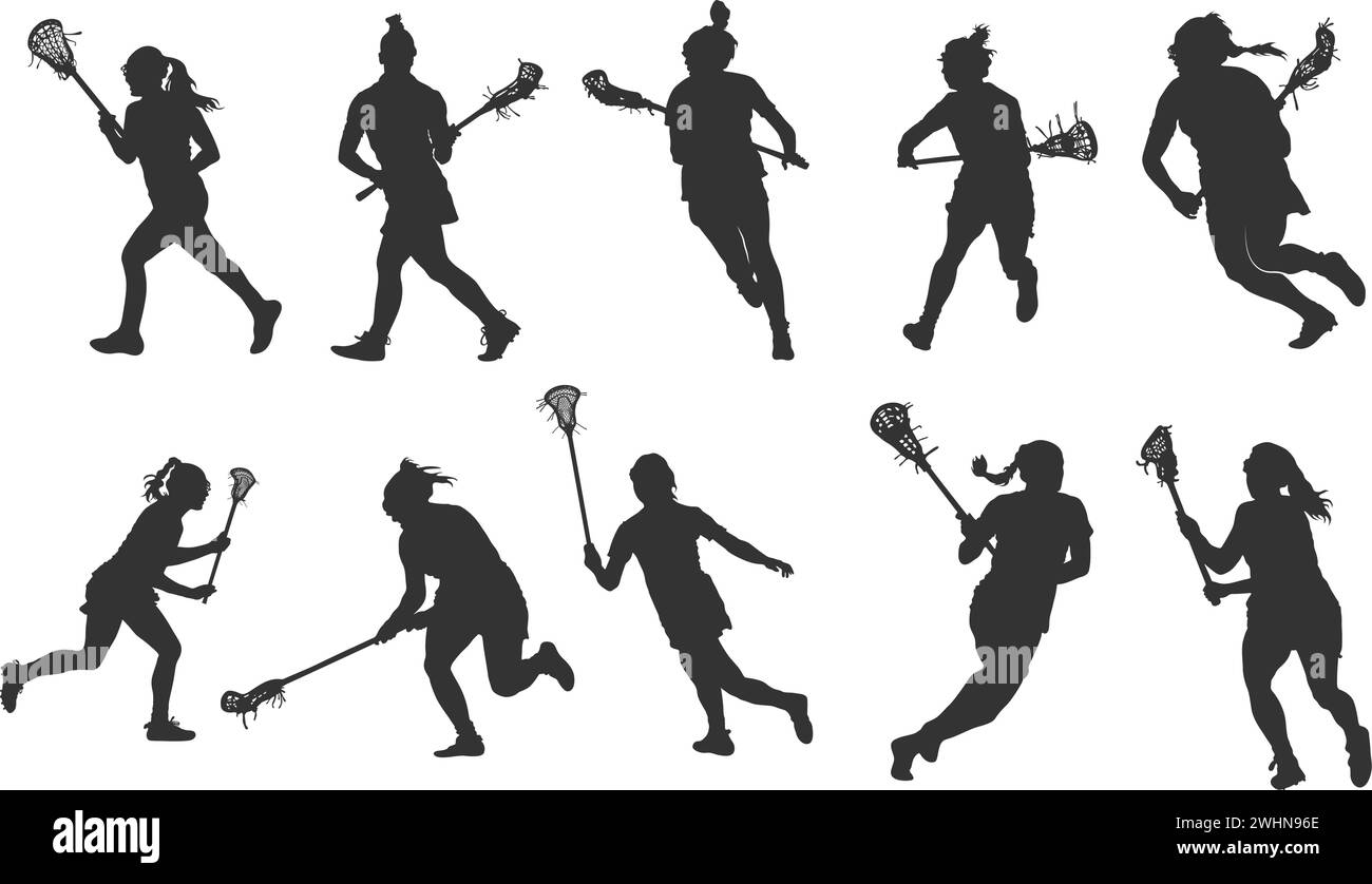 Lacrosse weibliche Spielersilhouette, Lacrosse Silhouette für Damen, Lacrosse Silhouette Mädchen, Lacrosse Silhouetten Stock Vektor