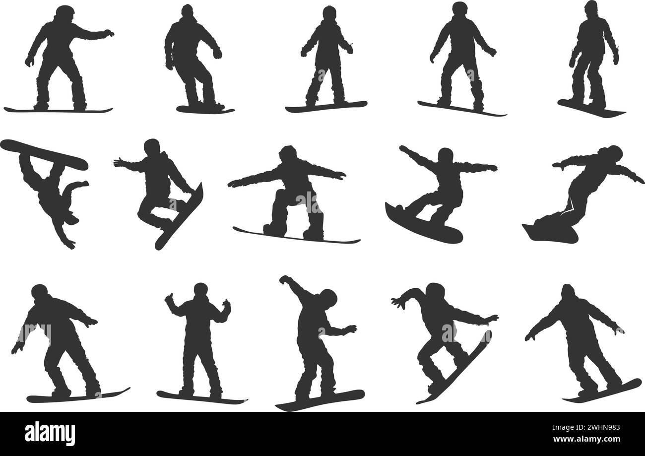 Snowboarder Silhouette, Snowboarder Silhouetten, Snowboarder Clipart, Winter Extreme Sport Silhouette, Snowboard Vektor Set. Stock Vektor