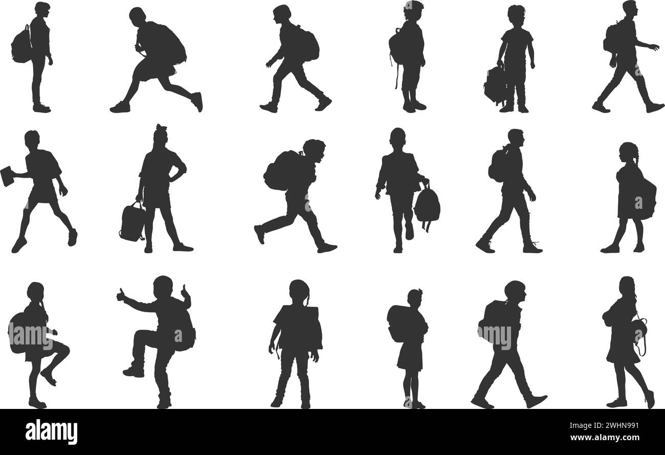 Gruppe von Kindern, die Schultaschen tragen, Schultaschen zur Schulsilhouette, Kinder mit schwarzen Schultaschen-Silhouetten, Kinder mit Schultaschen-Silhouetten Stock Vektor