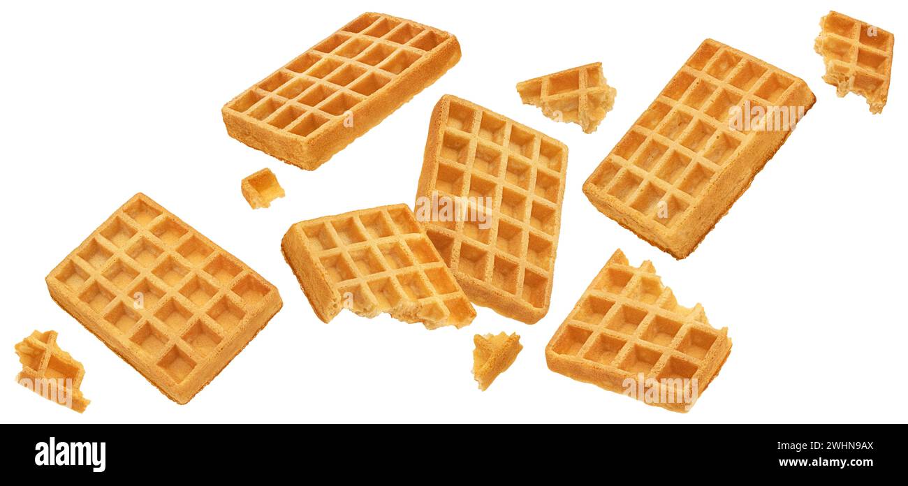 Belgische Waffeln isoliert auf weißem Hintergrund, volle Schärfentiefe Stockfoto