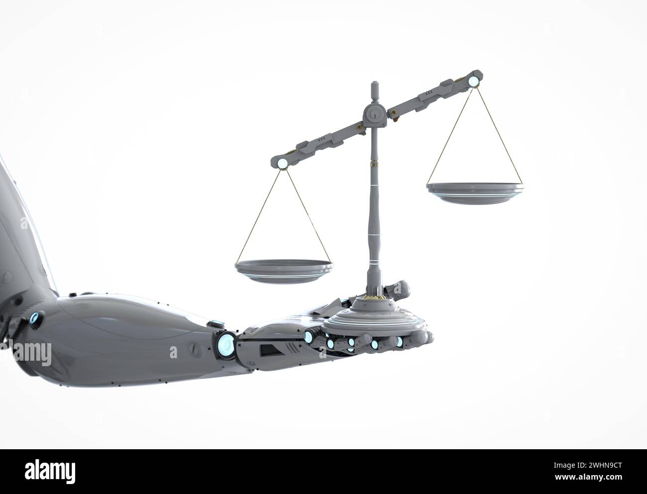 Cyber Law-Konzept mit 3D-Rendering-Roboterhandhaltung-Regelskala Stockfoto