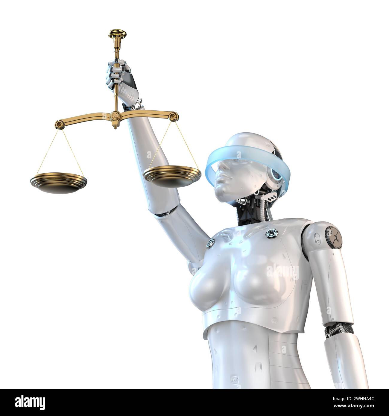 3D-Darstellung der Roboterfrau der Gerechtigkeit Hand Hand Hand Hand Hand Hand Hand Hand Hand Hand Hand Hand Hand halten Stockfoto