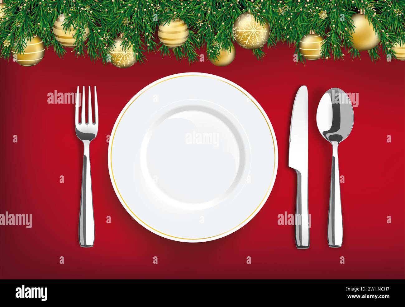 Hintergrund des Weihnachtsessens mit Teller, Löffel eine Gabel auf dem roten Hintergrund. EPS 10-Vektordatei. Stockfoto