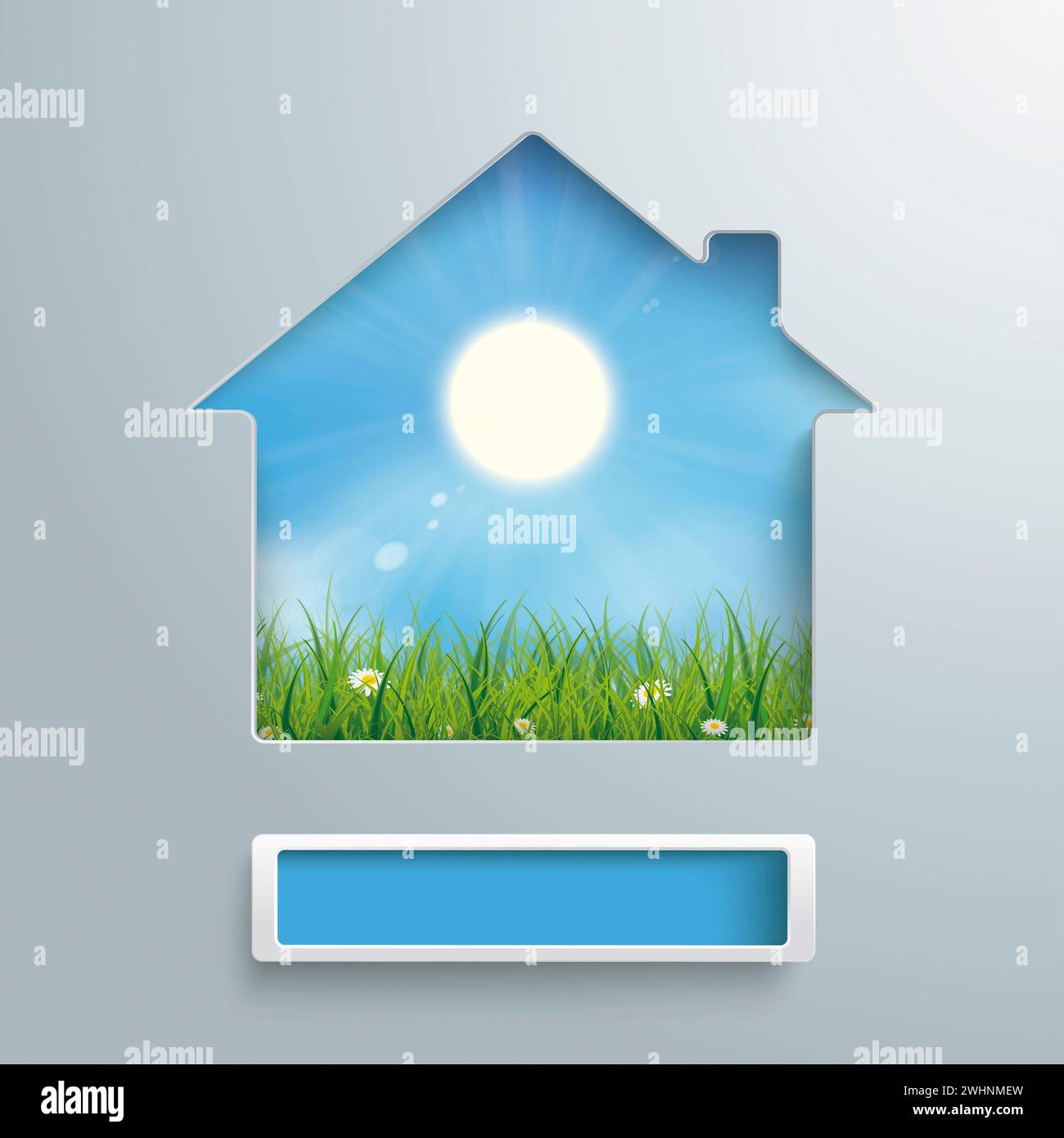 Haus Form mit blauer Himmel mit Sonne und Gras in der Bohrung. Eps 10 Vektor Datei. Stockfoto