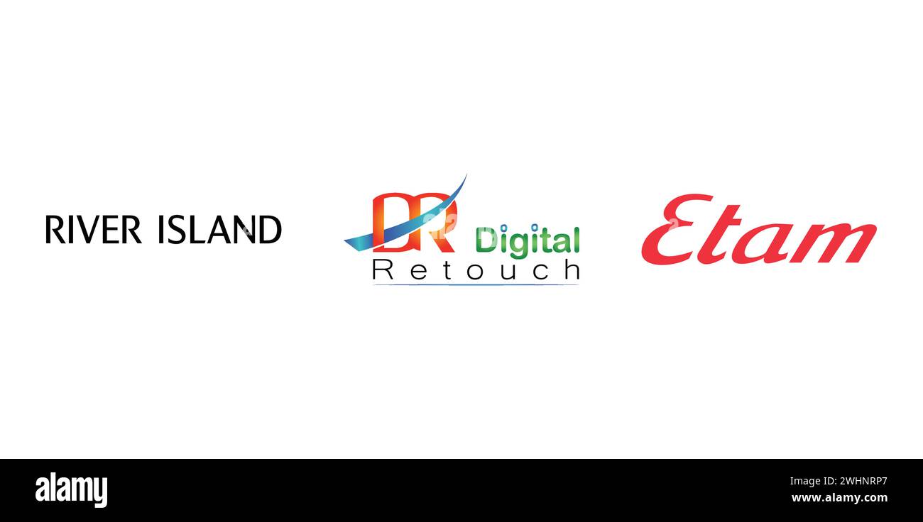 Digital Retouch, River Island, Etam. Vektorillustration, redaktionelles Logo. Stock Vektor