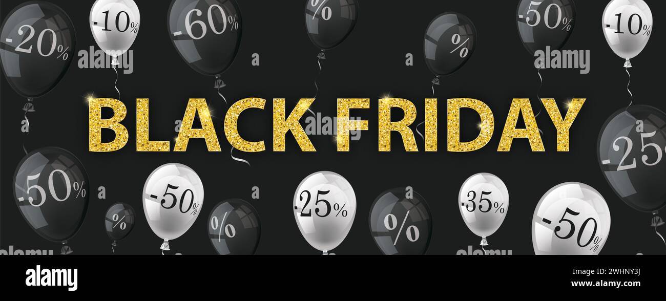 Farbige Ballons mit goldenem Black Friday Text auf dunklem Hintergrund. EPS 10-Vektordatei. Stockfoto