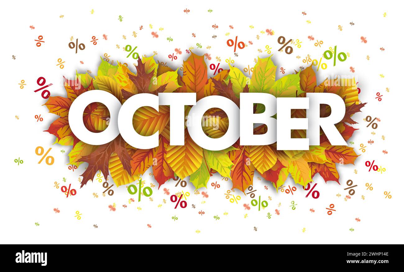 Oktober-Verkaufshintergrund mit Herbstlaub und Prozent. EPS 10-Vektordatei. Stockfoto