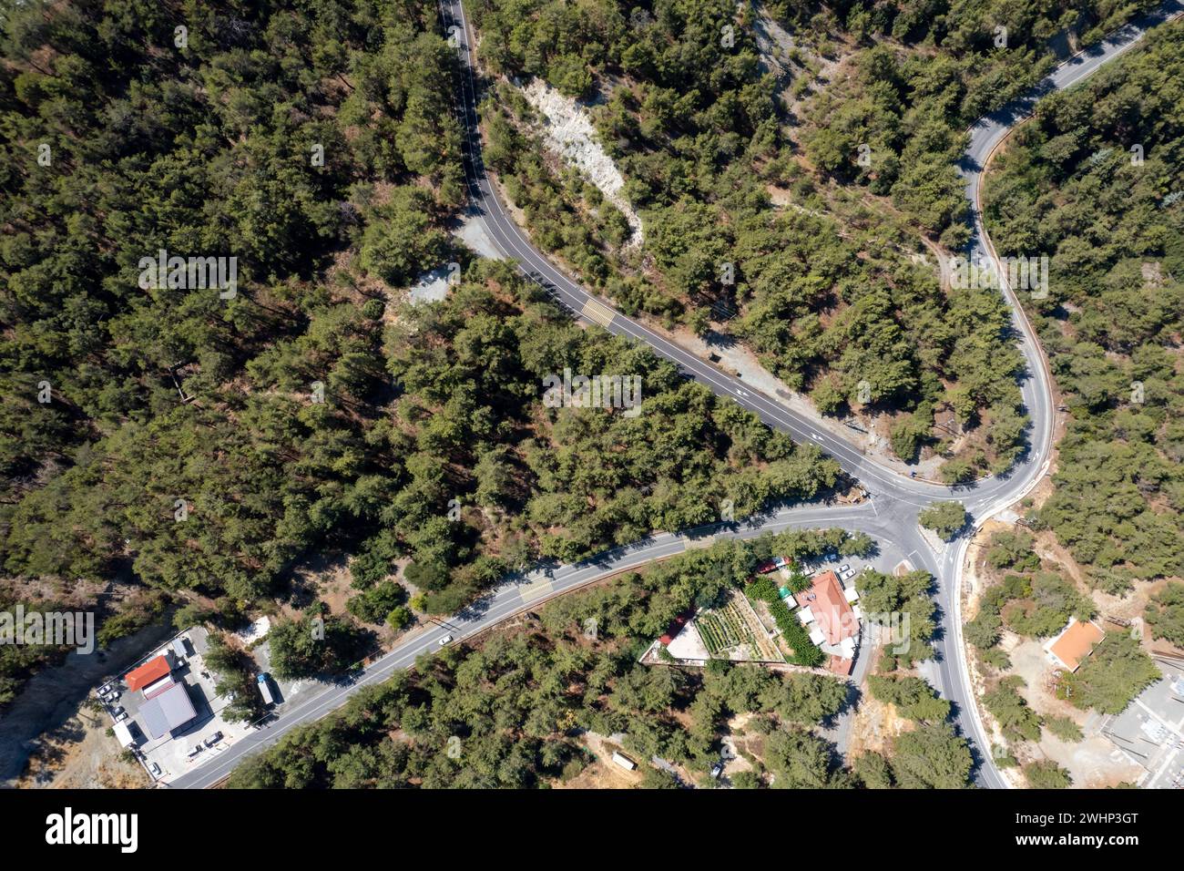 Drohnen-Blick auf die kurvige Bergstraße im Wald Stockfoto