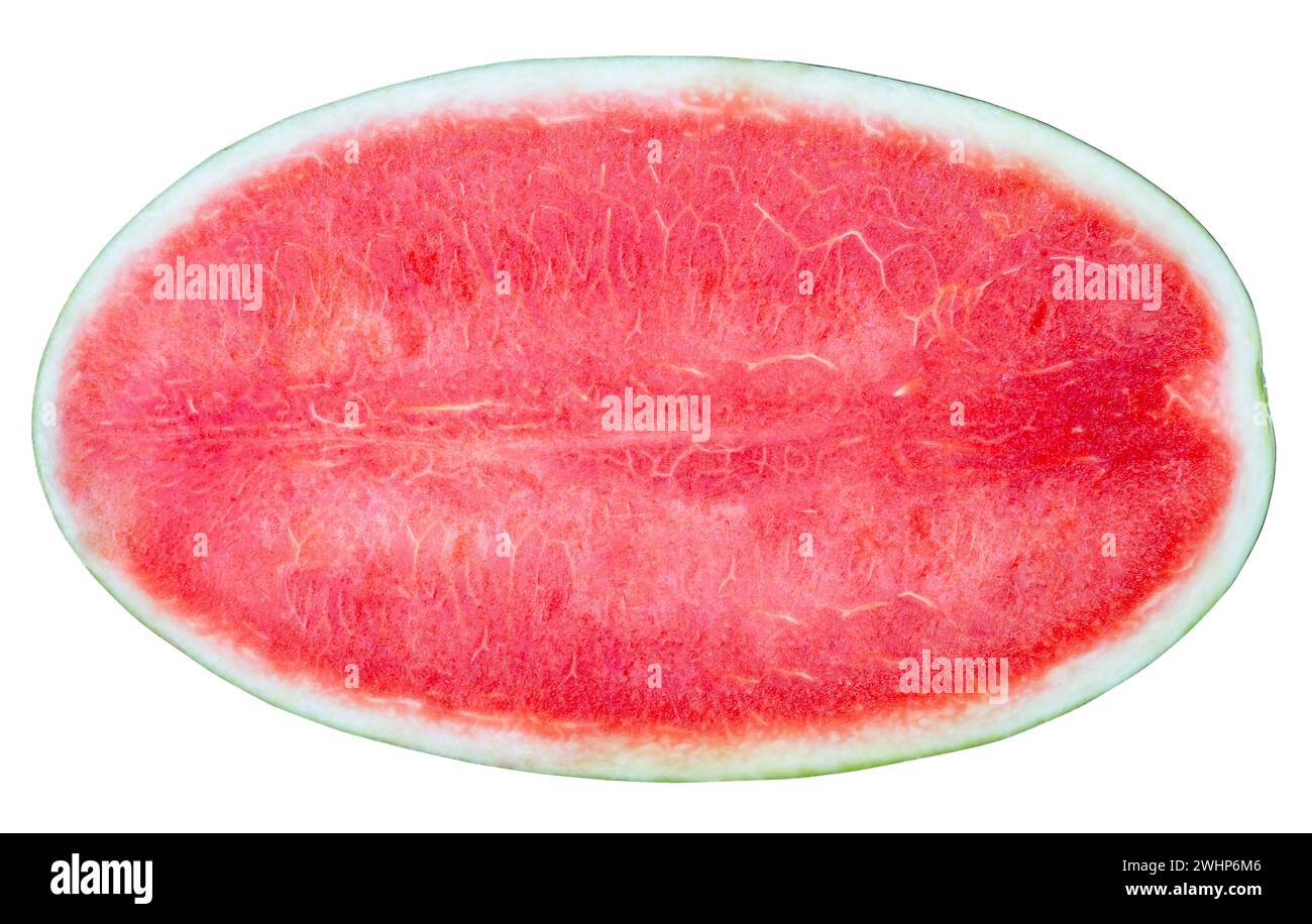 Draufsicht und Nahaufnahme der frischen Reifen roten Wassermelonenhälfte ist isoliert auf weißem Hintergrund mit Beschneidungspfad. Konzept der gesunden Bio-Frucht Stockfoto