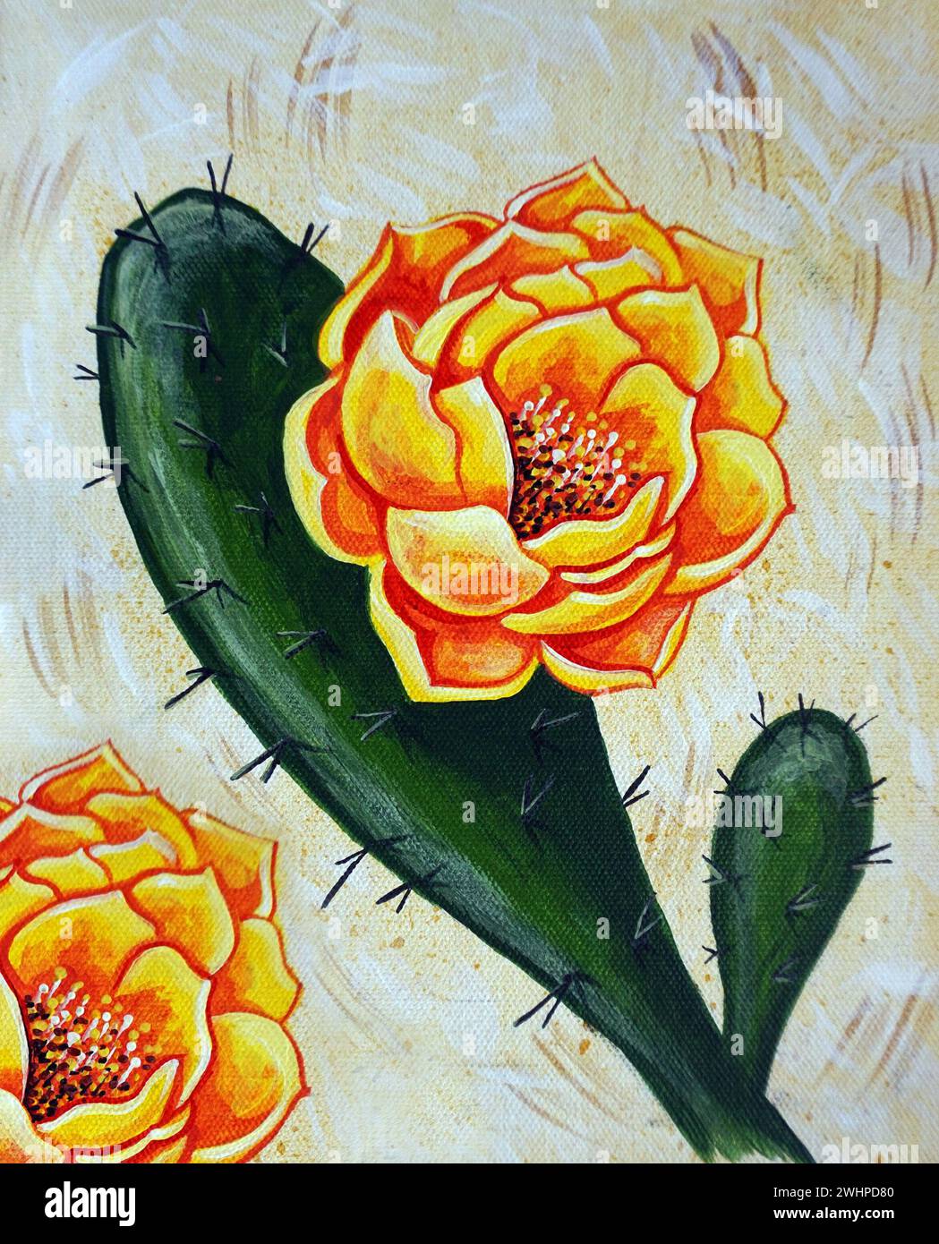 Original Ölgemälde moderne Kunst wunderschöne Blütenblätter Kaktusblume Stockfoto