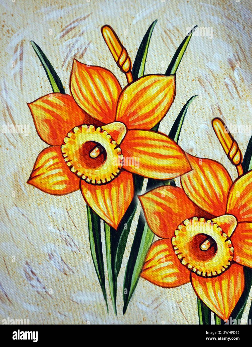 Original Ölgemälde moderne Kunst wunderschöne Blütenblatt Narzissen Blume Stockfoto
