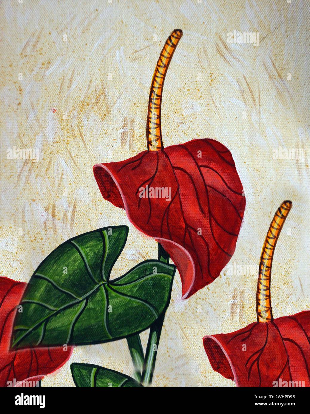 Original Ölgemälde moderne Kunst wunderschöne Blütenblatt Anthurium Blume Stockfoto