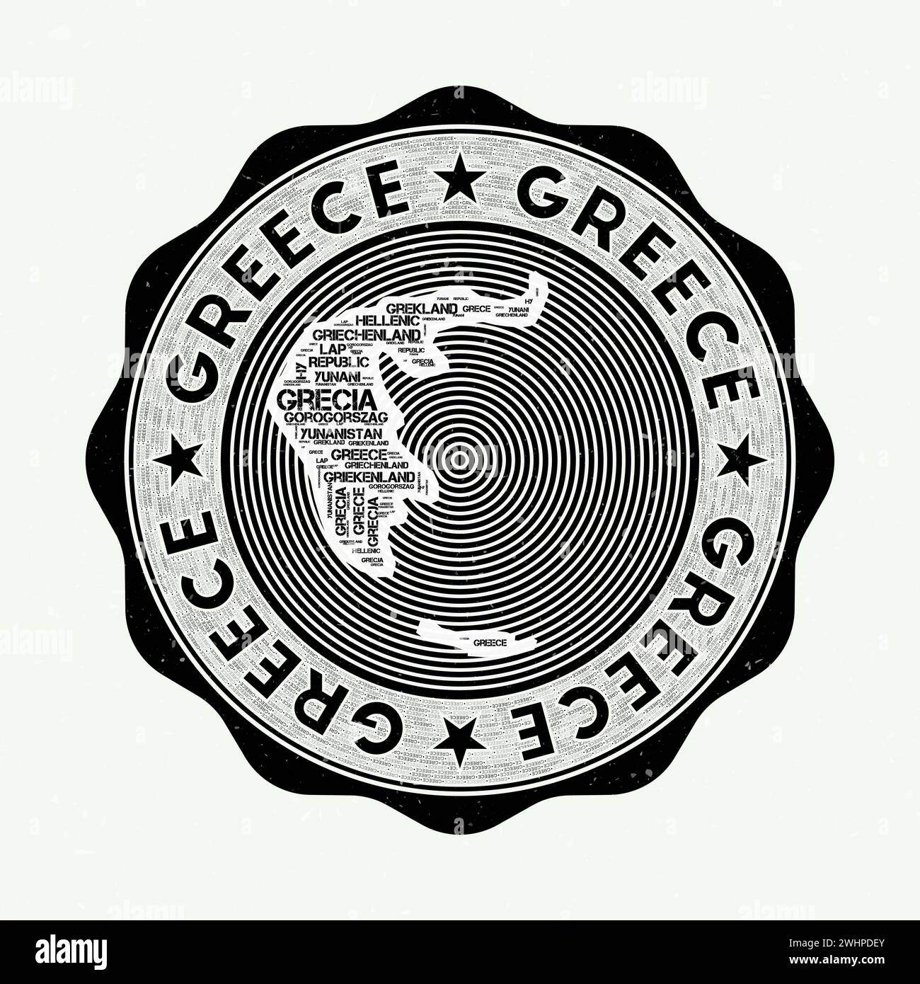 Griechenland Siegel. Country Round Logo mit Form von Griechenland und Ländername in mehrsprachigen Word Cloud. Authentisches Emblem. Stock Vektor
