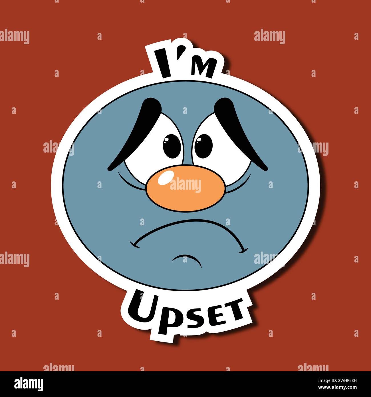 Lustiger Gesichtsaufkleber. Emoticon mit traurigem Gesicht. Ausdruck von Enttäuschung, Frustration. Inschrift: Ich bin verärgert Stock Vektor