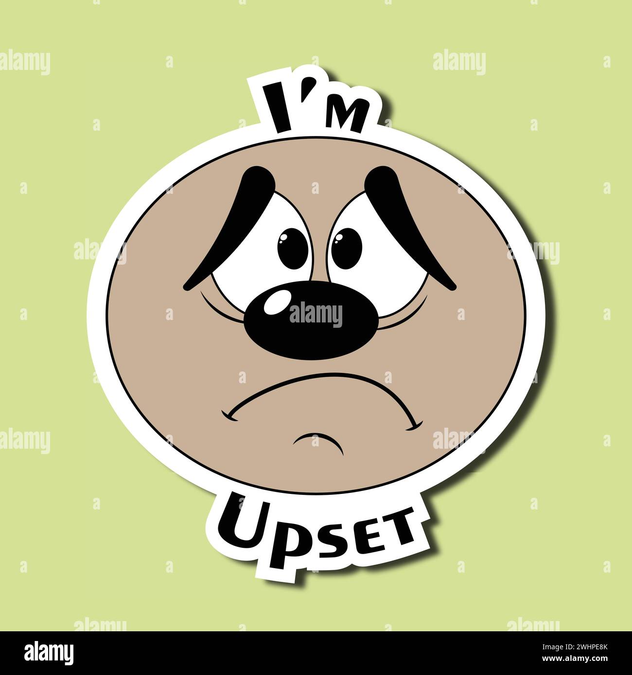 Lustiger Gesichtsaufkleber. Emoticon mit traurigem Gesicht. Ausdruck von Enttäuschung, Frustration. Inschrift: Ich bin verärgert Stock Vektor