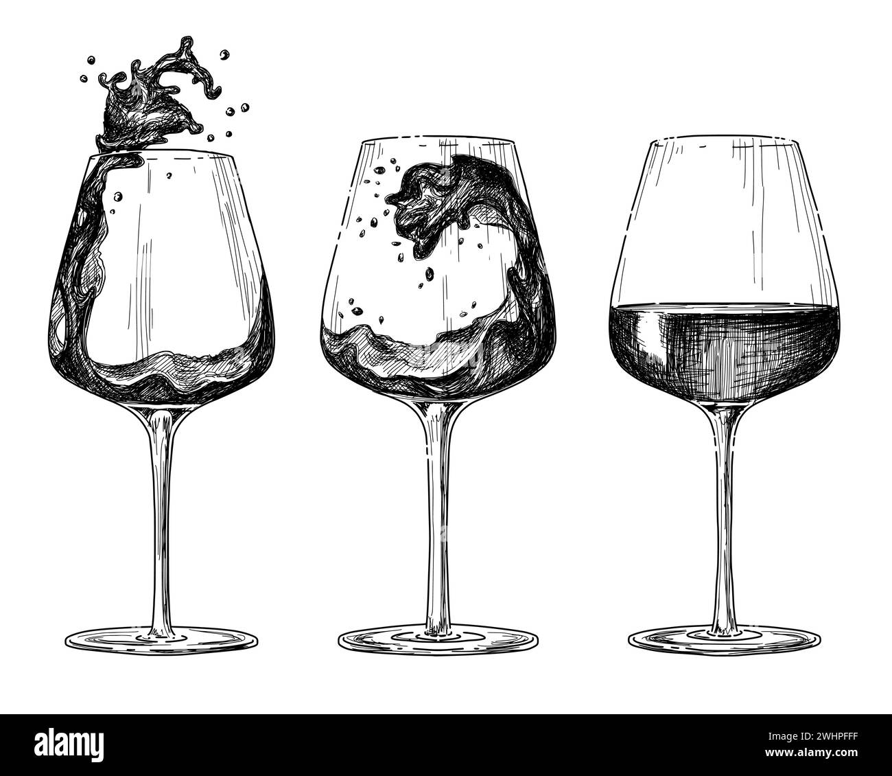 Skizzentinte grafisches Weinglas, Vektorentwurf Silhouettenzeichnung, schwarz auf weißem Hintergrund. Köstliches Vintage-Ätzgetränk-Design. Stock Vektor