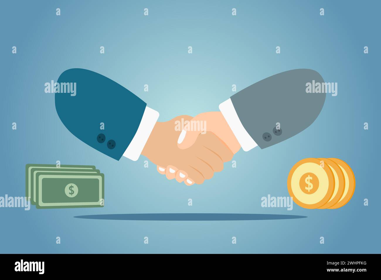 Handschlag Geste und Geld. Business People Partner Handshake. Erfolgreiche Transaktion, Vereinbarung oder Geschäftsabschluss. Vektorabbildung. Stock Vektor