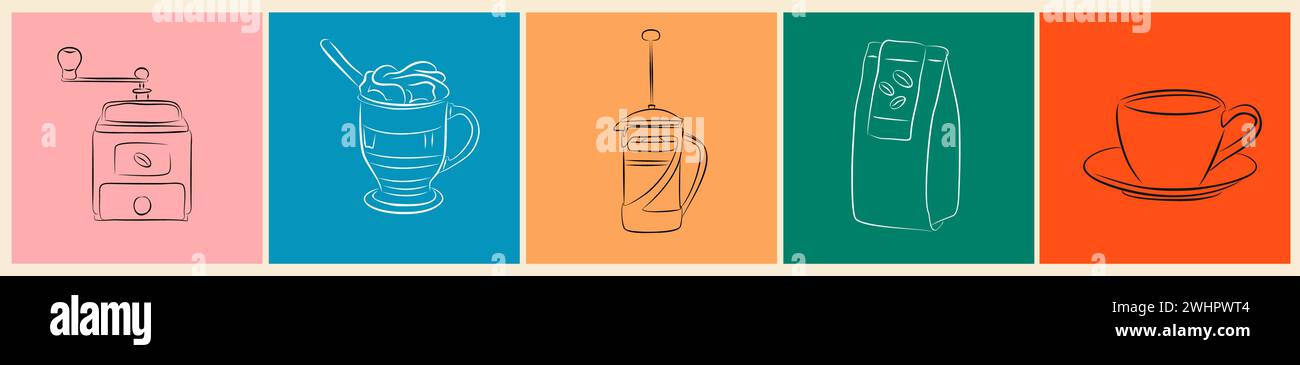 Coffee Elements Linie Art Vektor Illustration Stock Vektor