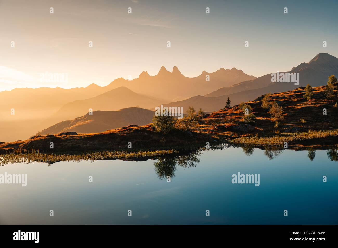 Malerische Landschaft mit goldenem Sonnenaufgang über dem Arves-Massiv mit einsamem Baumwechsel am Lac Guichard in den französischen Alpen, Frankreich Stockfoto
