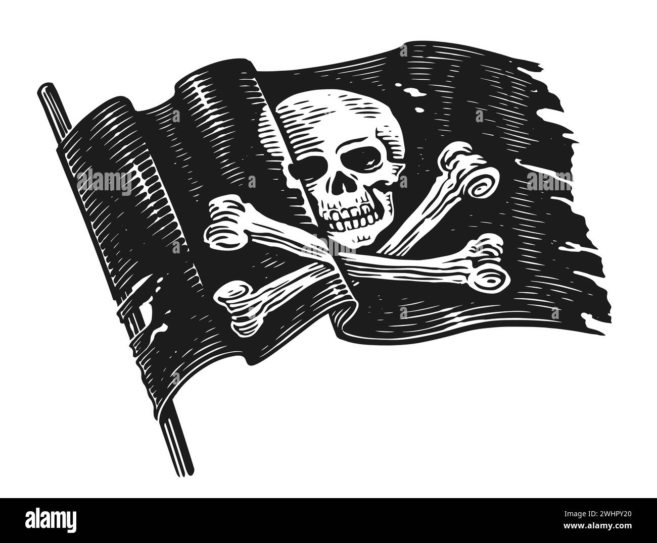 Piratenfahne mit Schädel und gekreuzten Knochen. Jolly Roger Banner. Handgezeichnete Skizze Vintage Vektor Illustration Stock Vektor