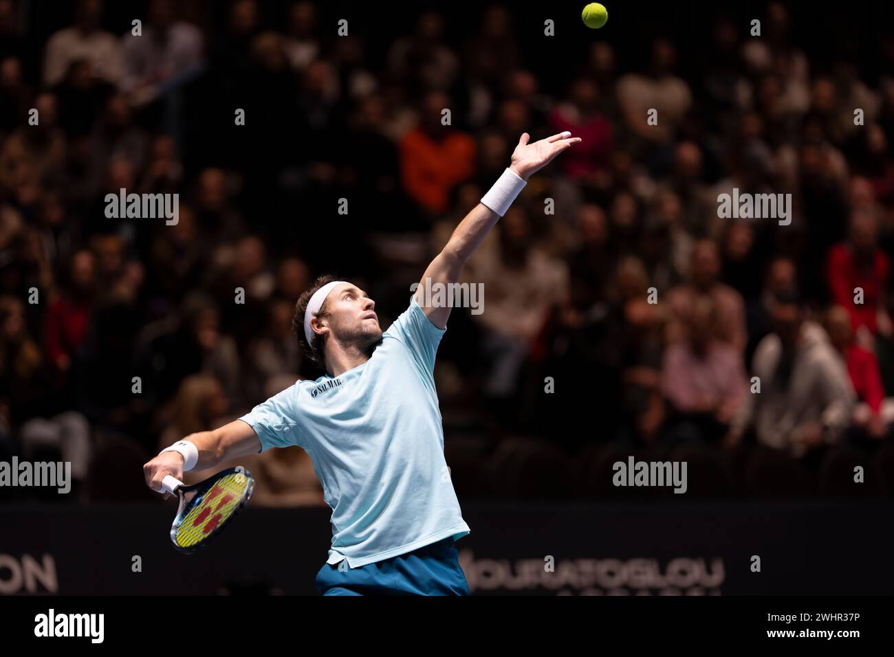 Oslo, Norwegen 11. Februar 2024 Casper Ruud aus Norwegen im Kampf gegen Alex de Minaur aus Australien während des Ultimate Tennis Showdown Turniers fand das Halbfinale in der Telenor Arena in Oslo statt Stockfoto