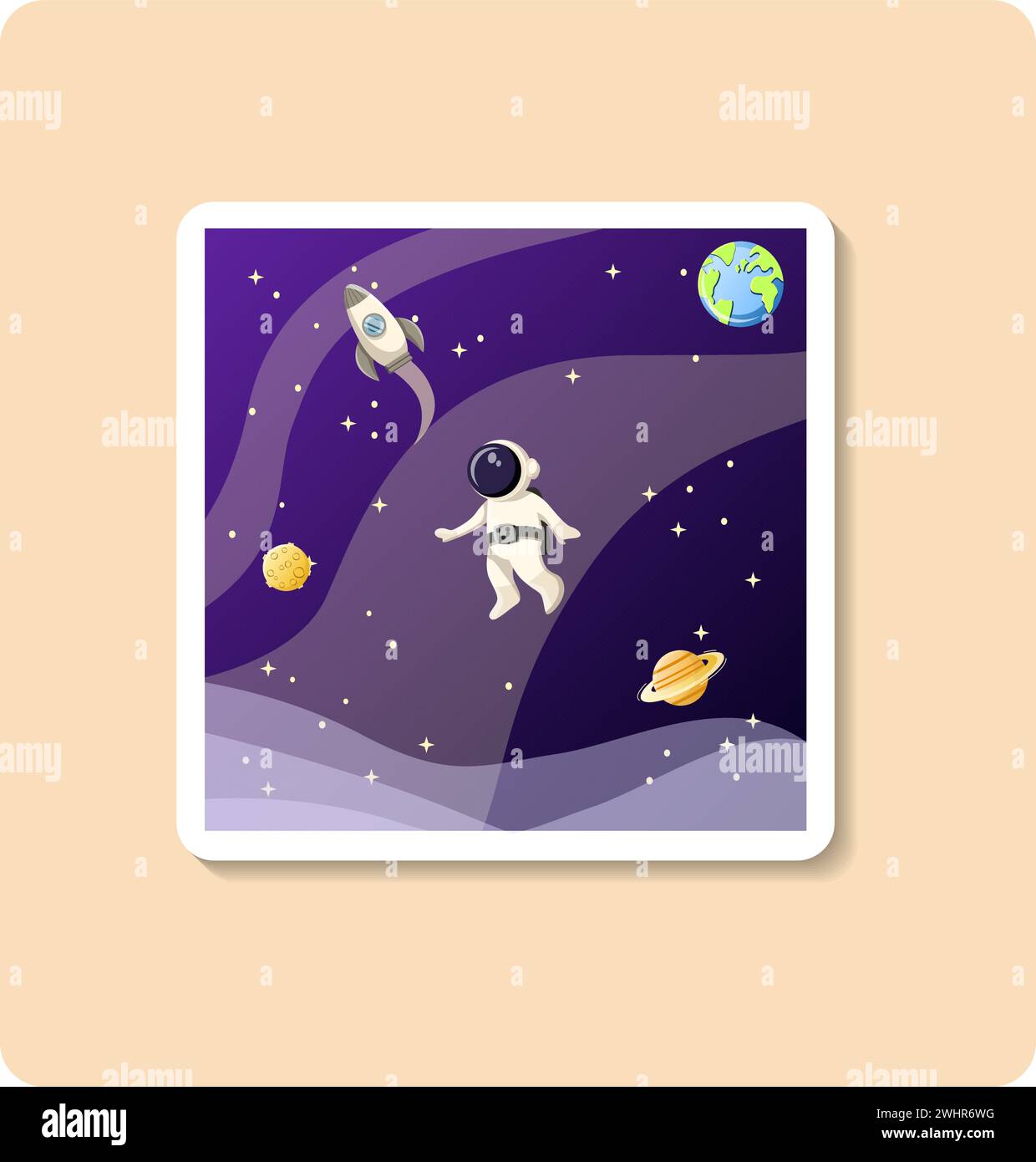 Illustration des Space-Stickers. Raumschiff, Raumfahrer, saturn, Mond, Planet Erde. Editierbares Vektorgrafik-Design. Stock Vektor