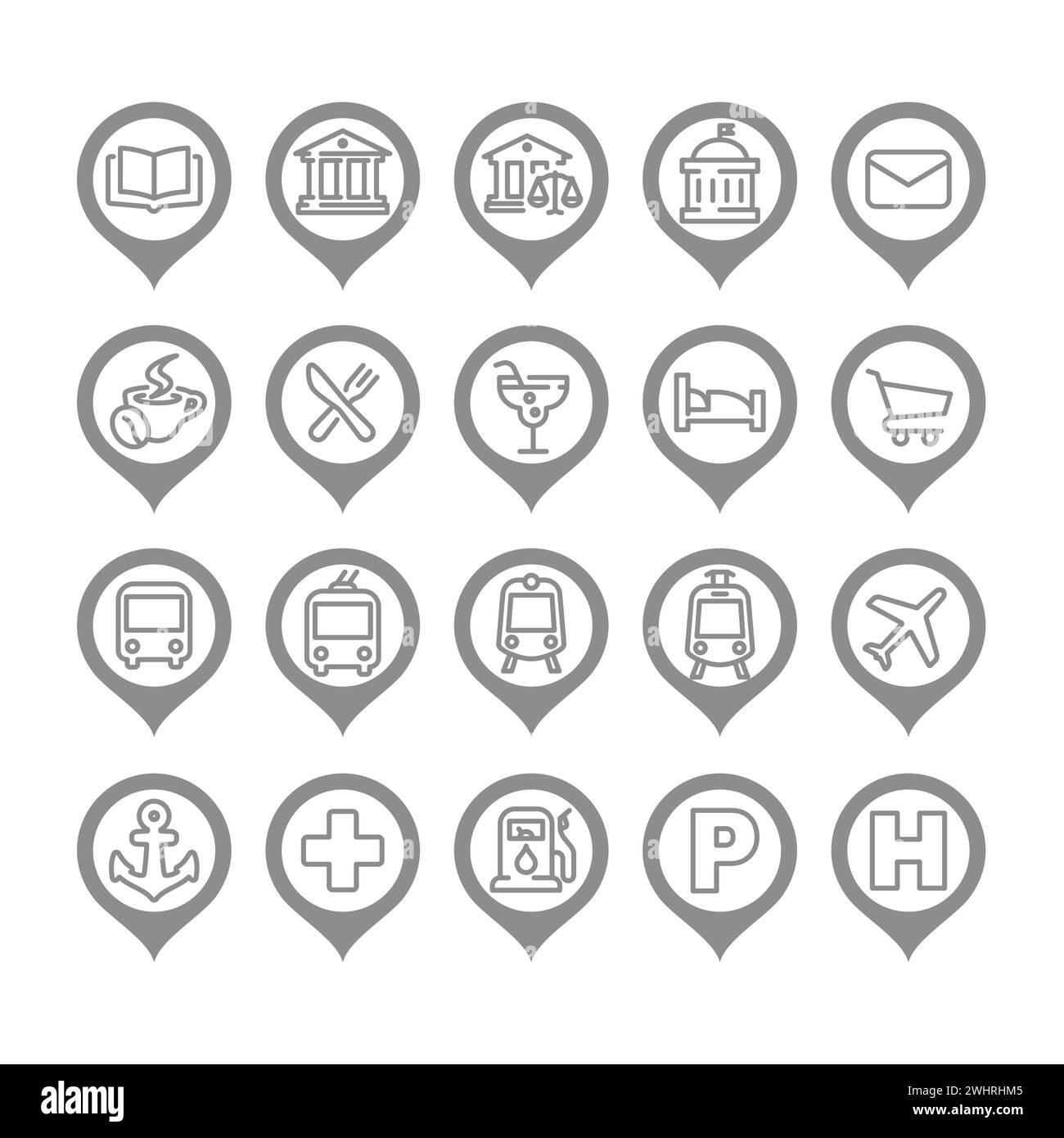 Wegbeschreibung Pin und Bus, U-Bahn-Station-Symbolsatz. Restaurant-, Hotel- und Krankenhaus-Vektorsymbole, editierbarer Schlaganfall. Stock Vektor