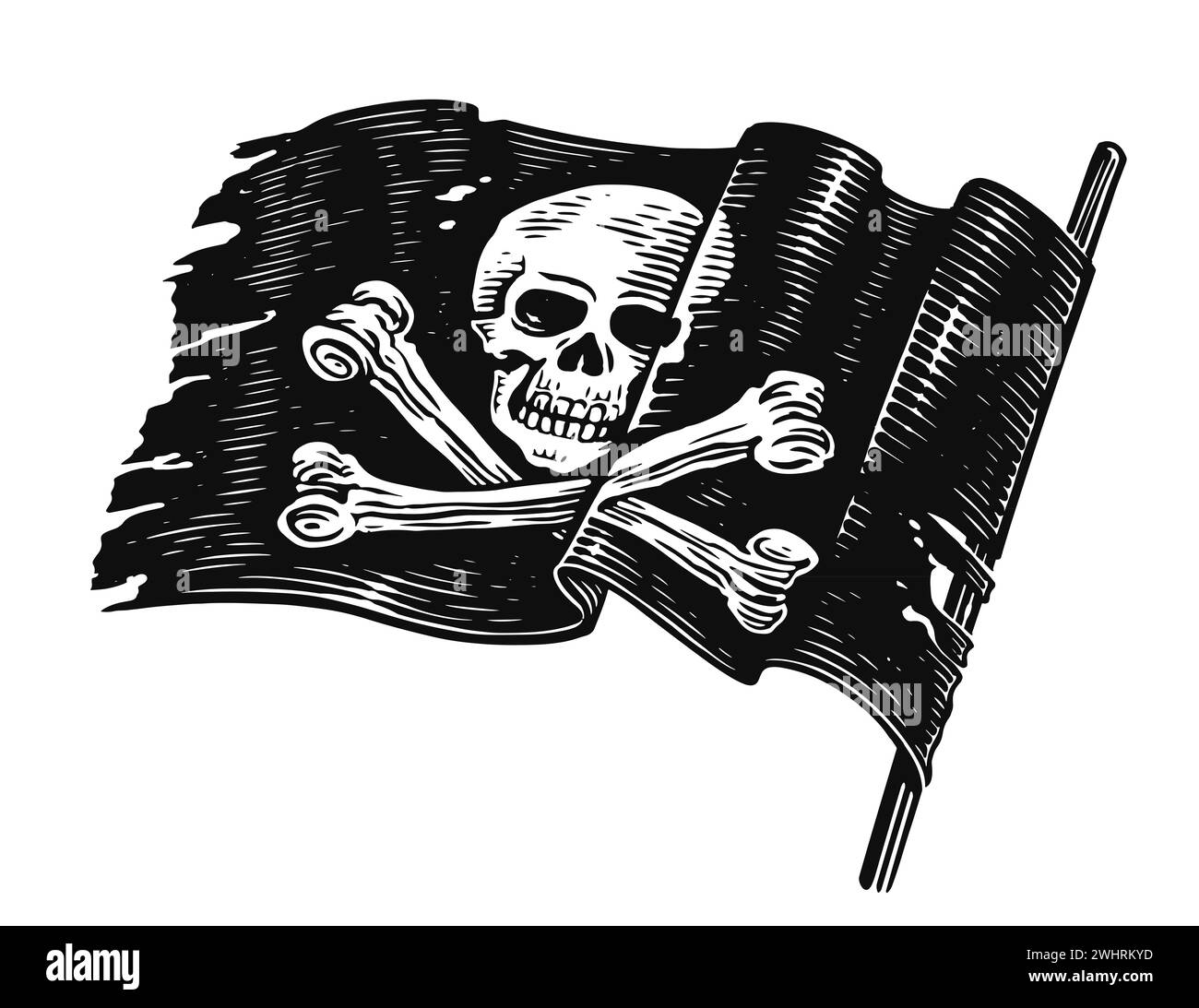 Piratenfahne mit Schädel und gekreuzten Knochen. Handgezeichnetes Jolly Roger Banner. Skizzieren Sie Vintage-Illustrationen Stockfoto