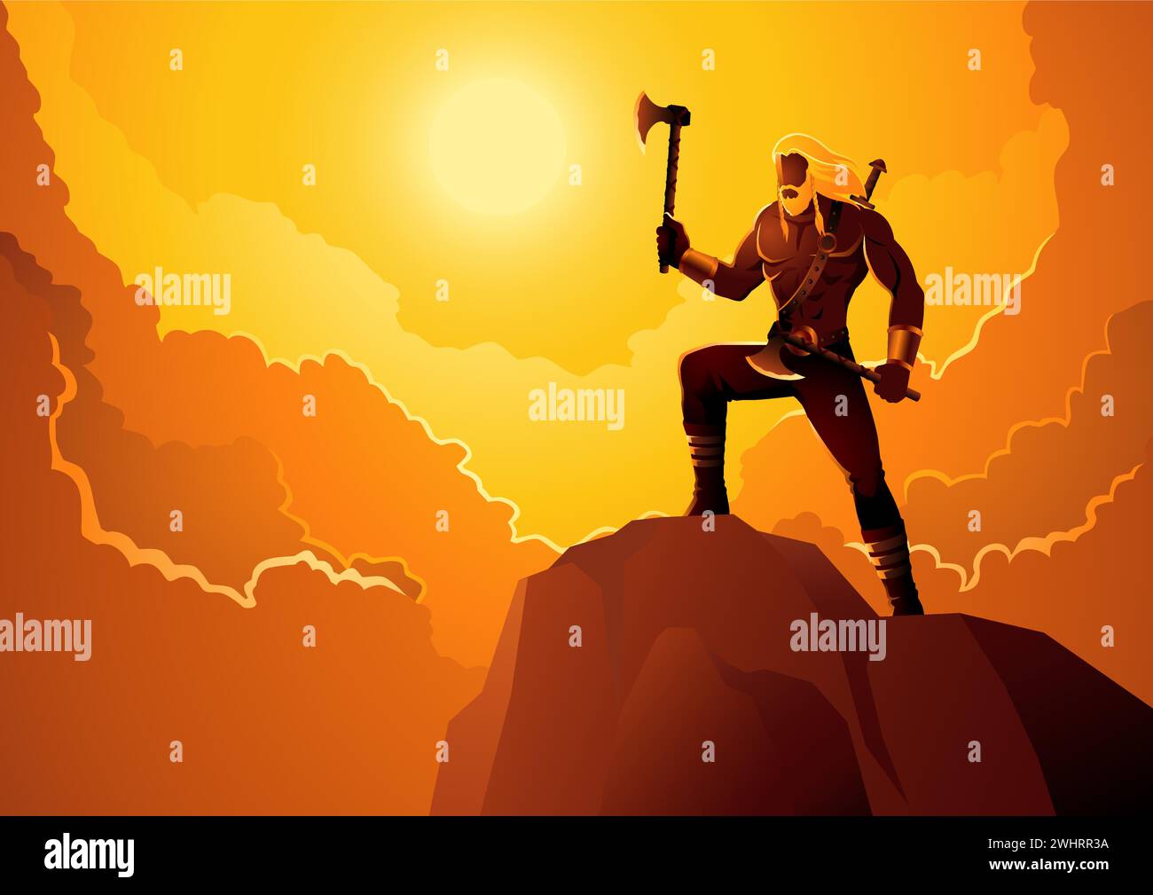 Wikinger-Krieger mit zwei Äxten auf einem Hügel mit dramatischem Wolkengrund, Vektor-Illustration Stock Vektor