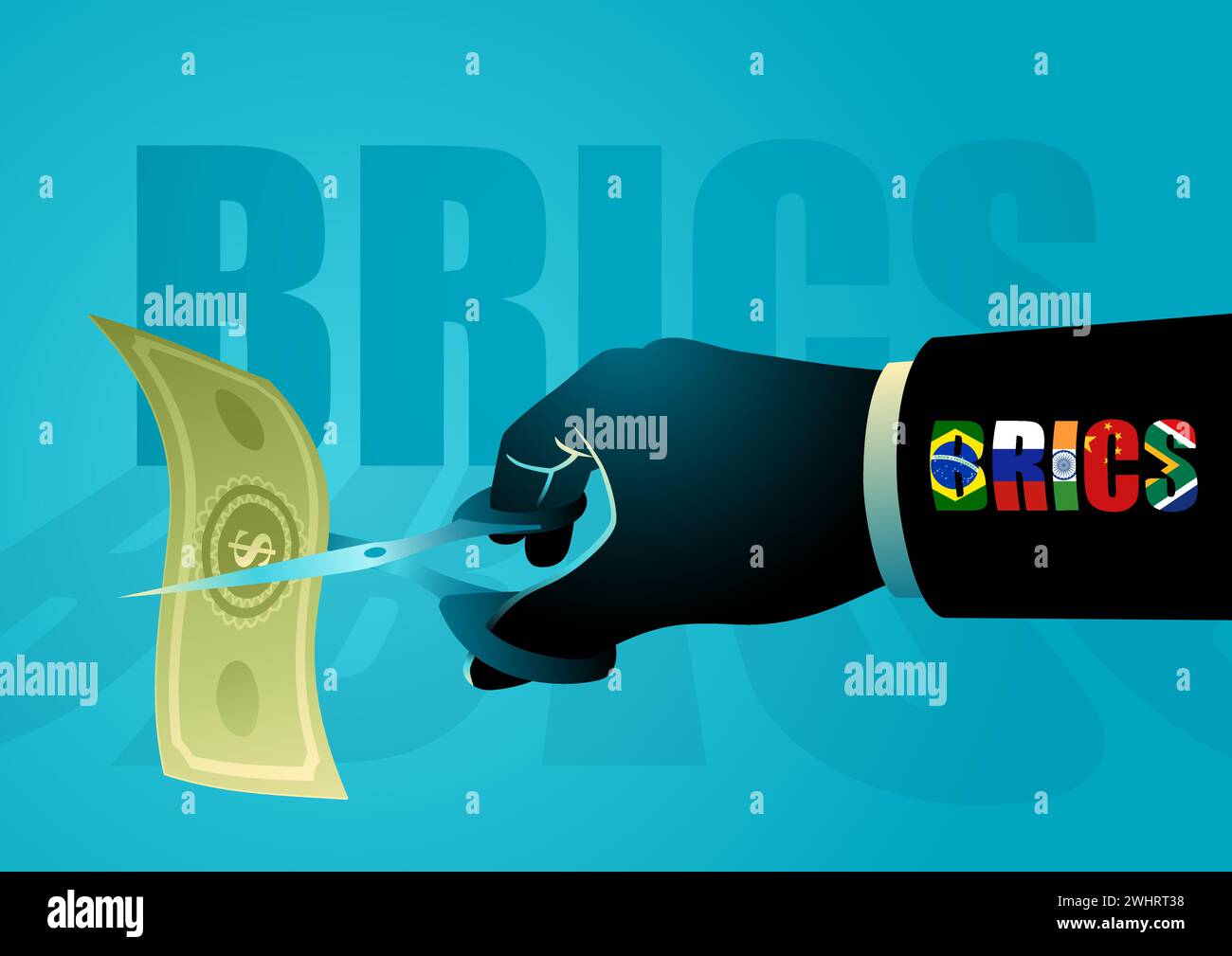 Vektor-Illustration einer Hand mit einer Schere und dem BRICS-Flaggensymbol, das eine Dollarscheine zerschneidet, ein Risiko für die amerikanische Wirtschaft seit der brics-Refus Stock Vektor