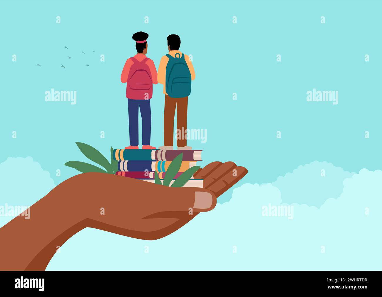 Einfache flache Zeichentrickillustration einer schwarzen Hand, die zwei afro-Kinder hält, die mit Schulrucksack auf Büchern stehen. Bereitstellung von Schulungen, Elternverantwortung Stock Vektor
