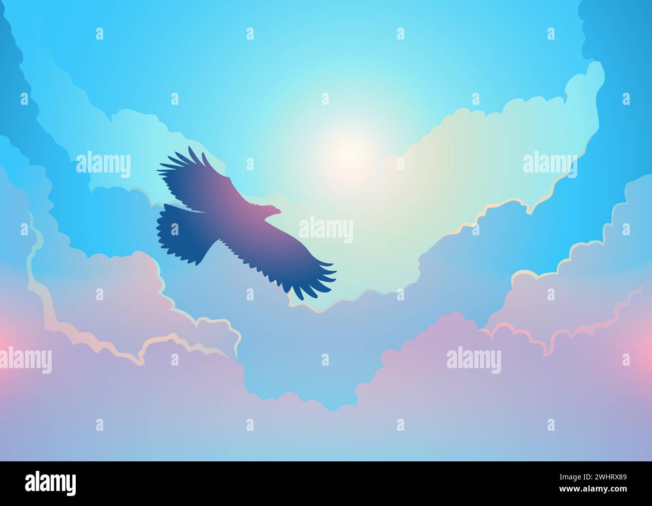 Wunderschöne Silhouette eines Adlers, der über den Wolken fliegt, Vektorillustration Stock Vektor