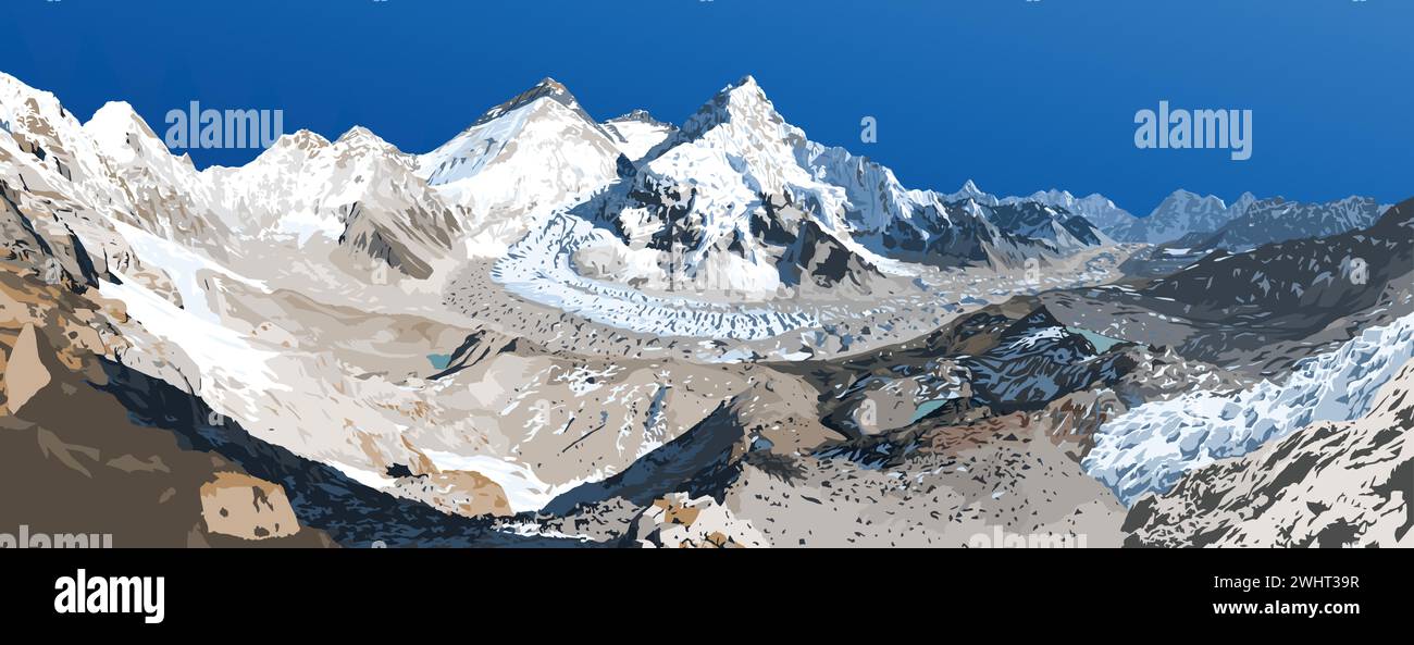 Mount Everest Lhotse und Nuptse von Nepal aus gesehen vom Pumori Basislager, Vektor-Illustration, Mount Everest 8.848 m, Khumbu-Tal, Sagarmatha nati Stock Vektor