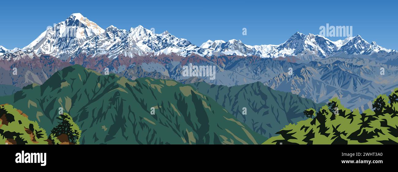 Mount Dhaulagiri und Mt. Annapurna Gipfel, gesehen von Jaljala Pass Vektor Illustration, Nepal Himalaya Berge Stock Vektor